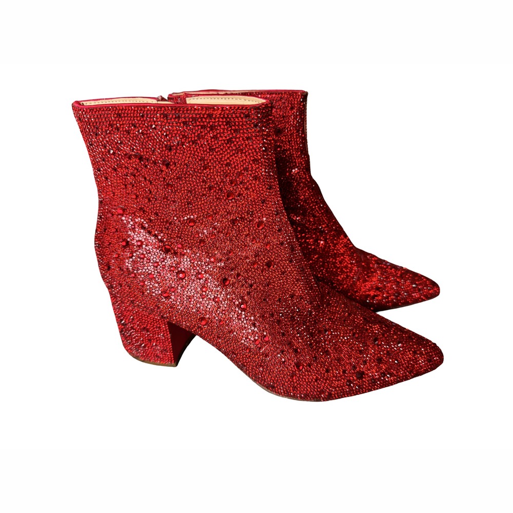 Betsey Johnson SB-Kyla Red Rhinestone Ankle Boots Block Heel Pointed Toe 8.5M